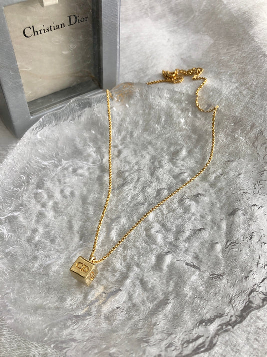 Christian Dior CD Logo Cube Necklace Gold Vintage uue8e6
