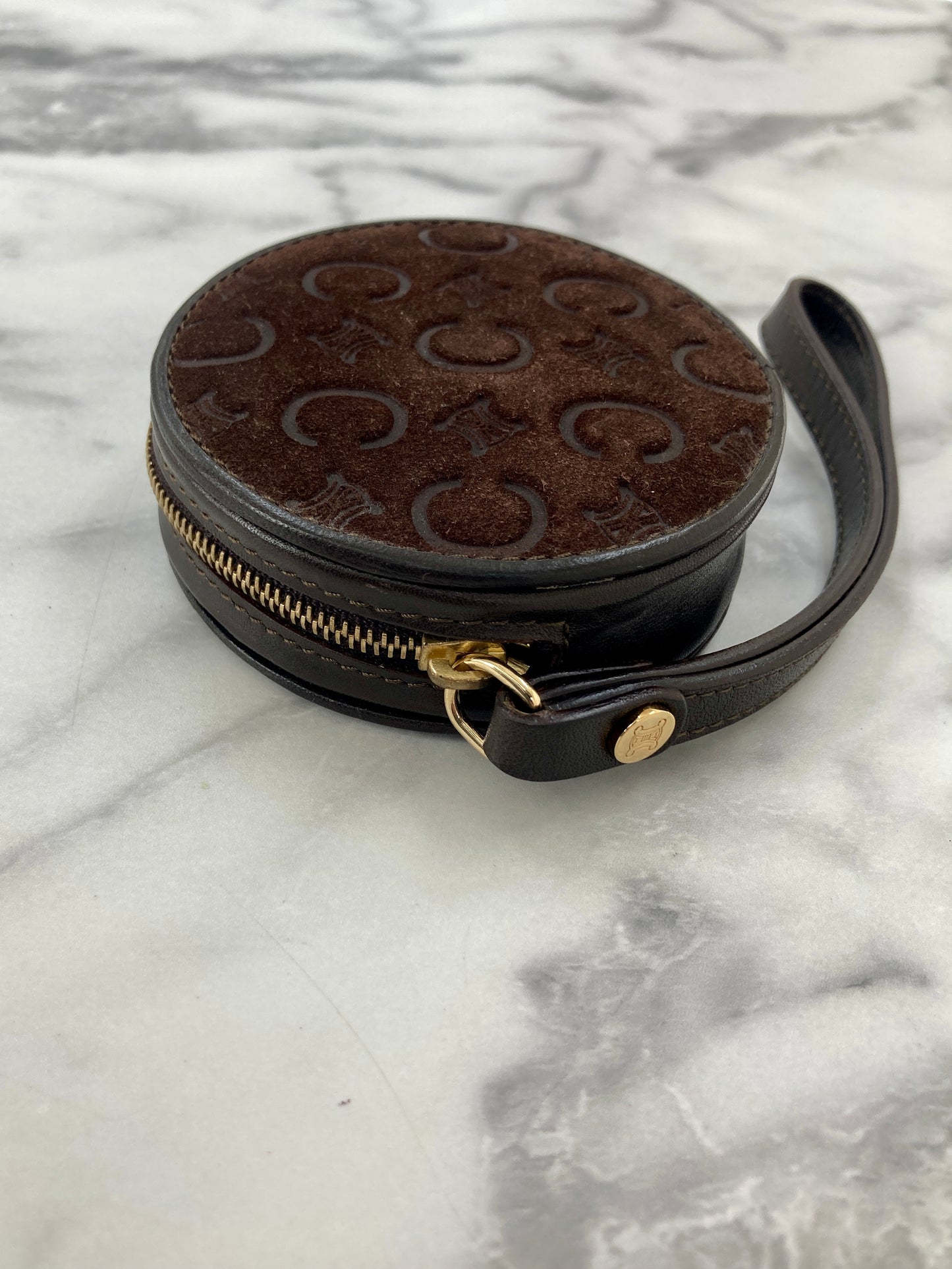 CELINE C-Macadam Blason Suede Leather Round Coin Purse Brown Vintage 6z2vft