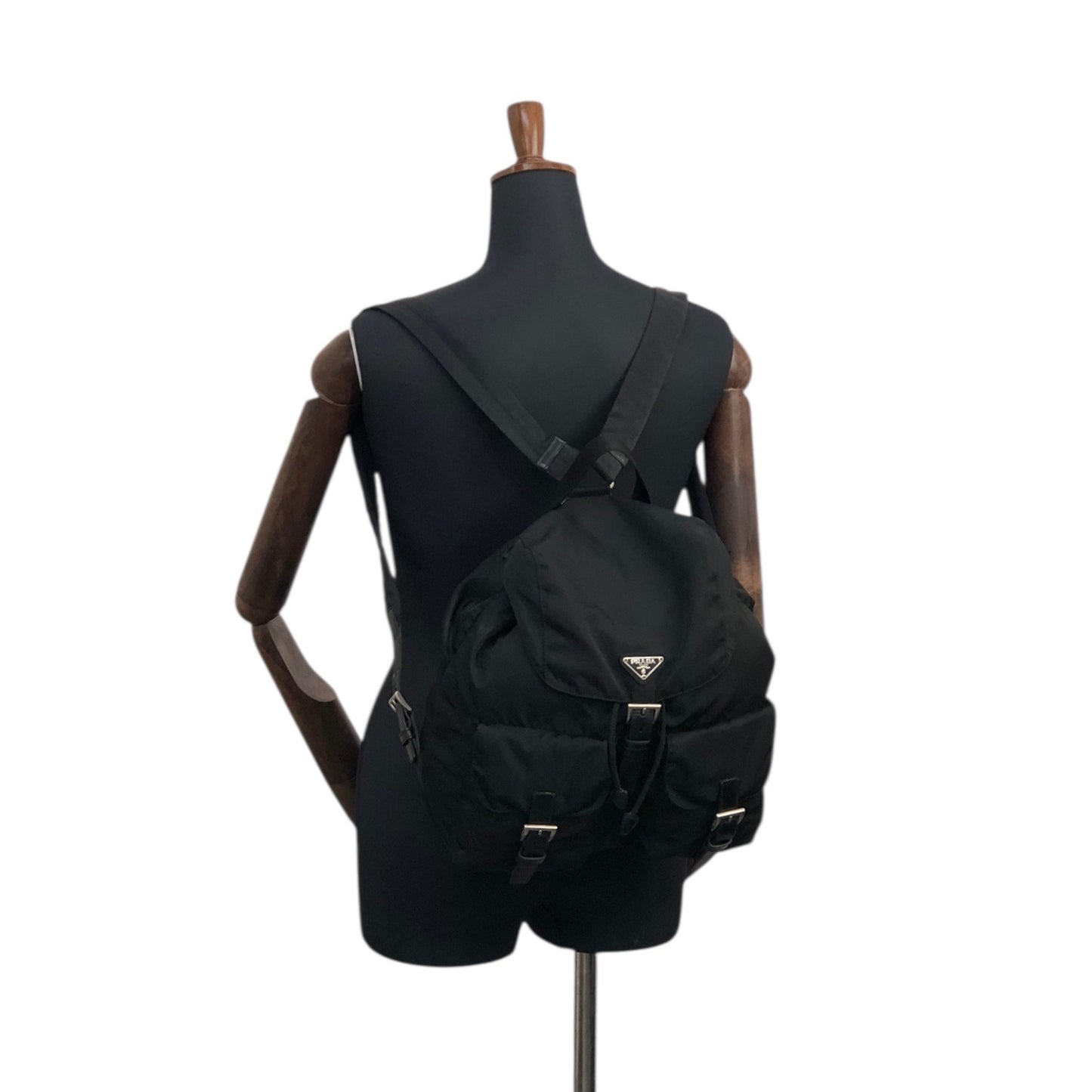 PRADA Tessuto Triangle Logo Double Pocket Backpack Black Vintage vsidzm