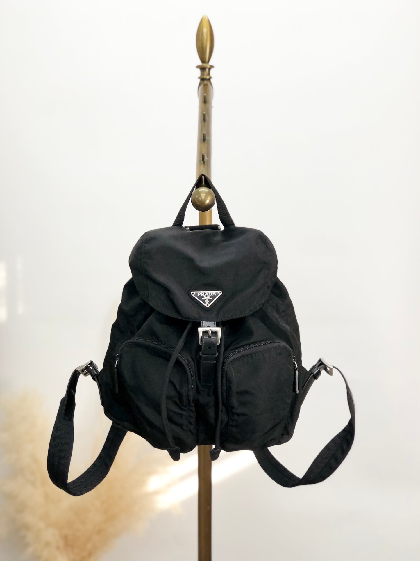 PRADA Triangle Logo Double Pocket Backpack Black Vintage u4u7vk