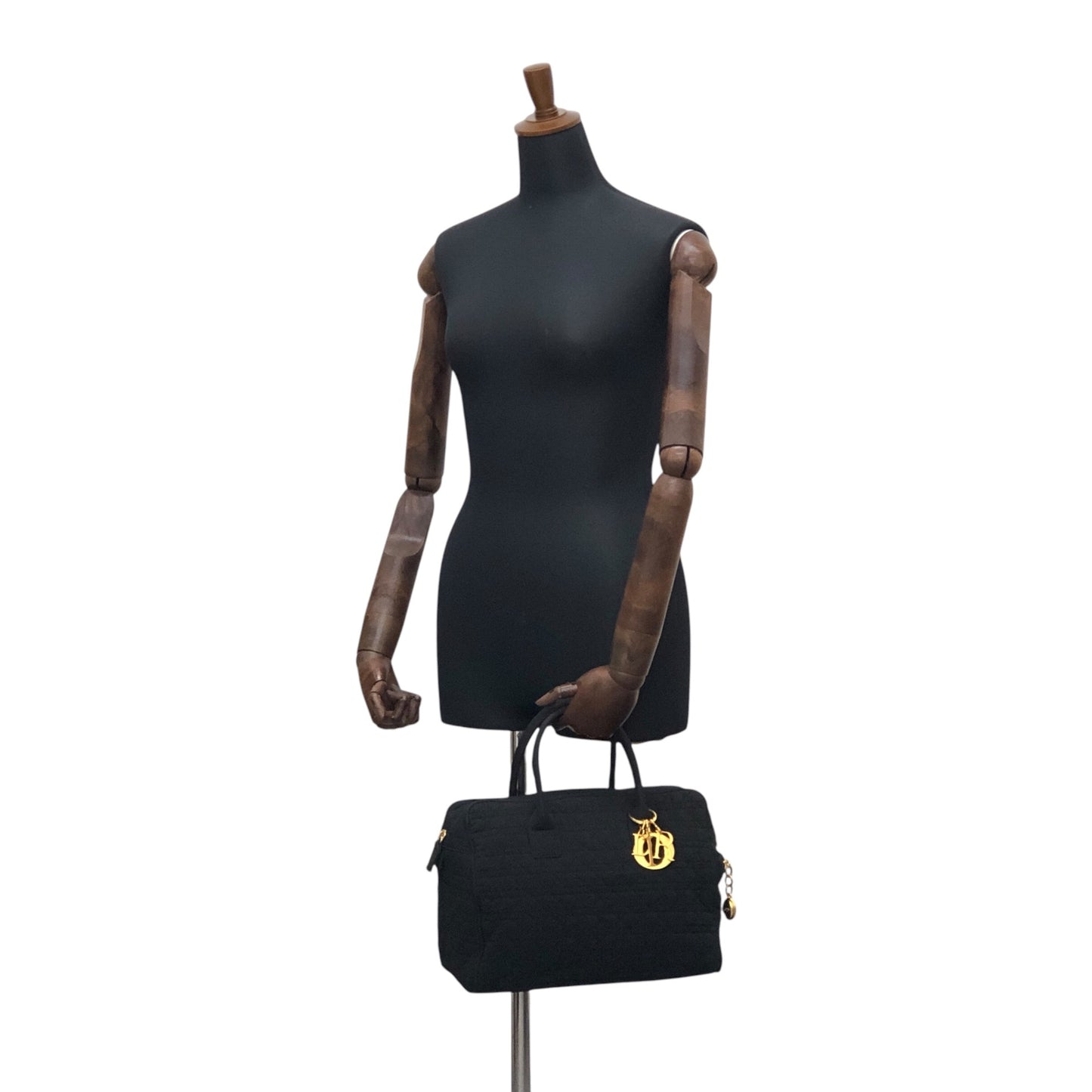 Christian Dior Cannage Logo Charm Handbag Boston bag Black Vintage t3p5um