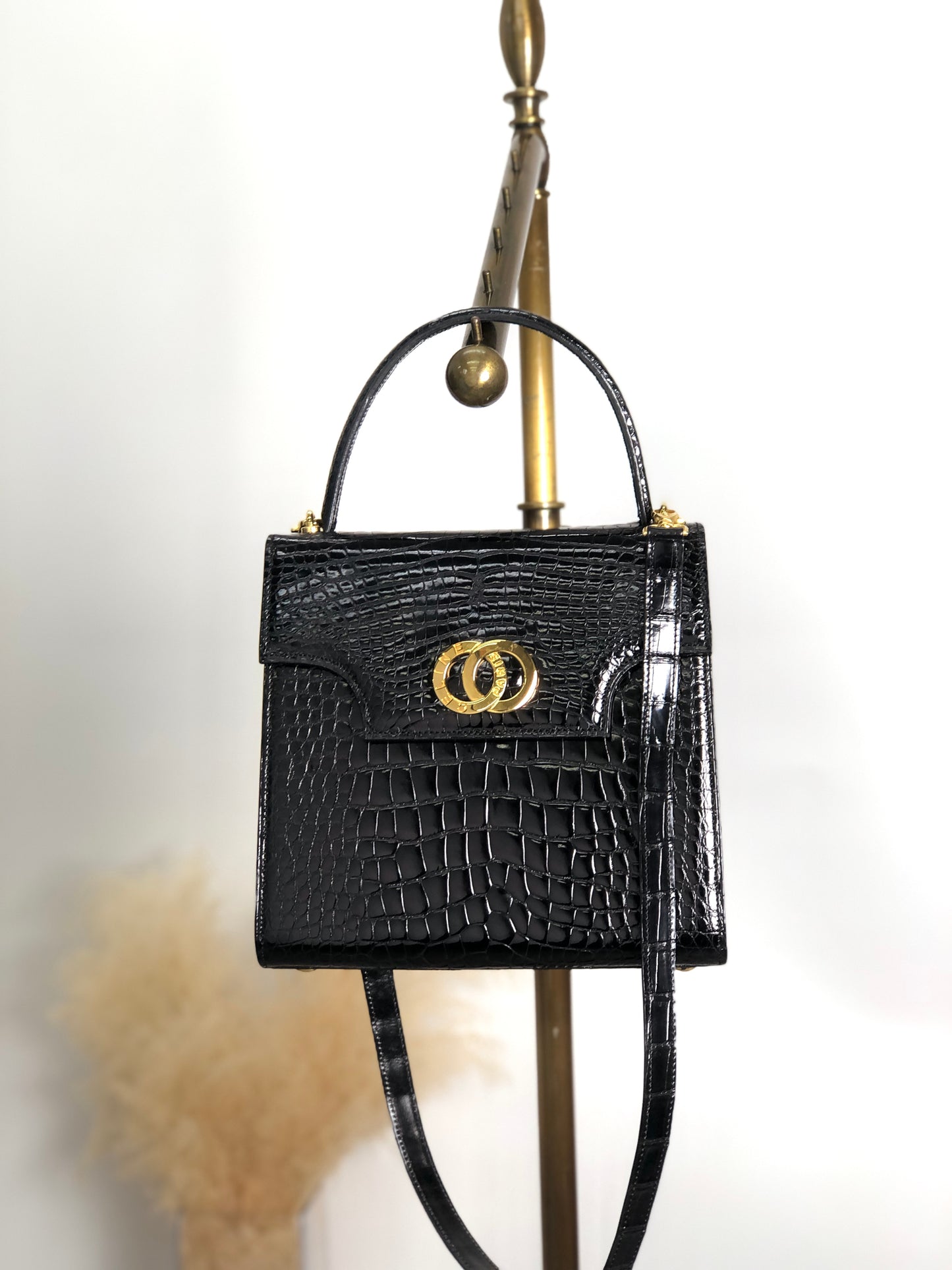 CELINE Circle Logo Two-way Top Handle Handbag Shoulder bag Black Vintage bwjy43