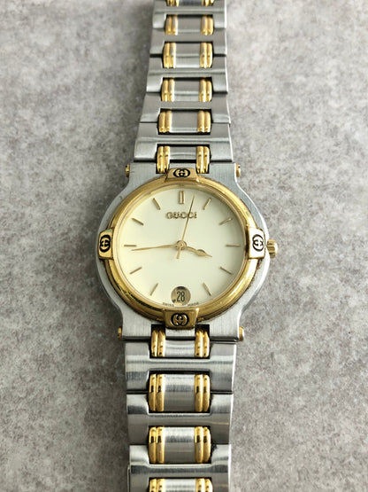GUCCI Logo Quartz Watch Silver×Gold 9000M Vintage 6up4w4