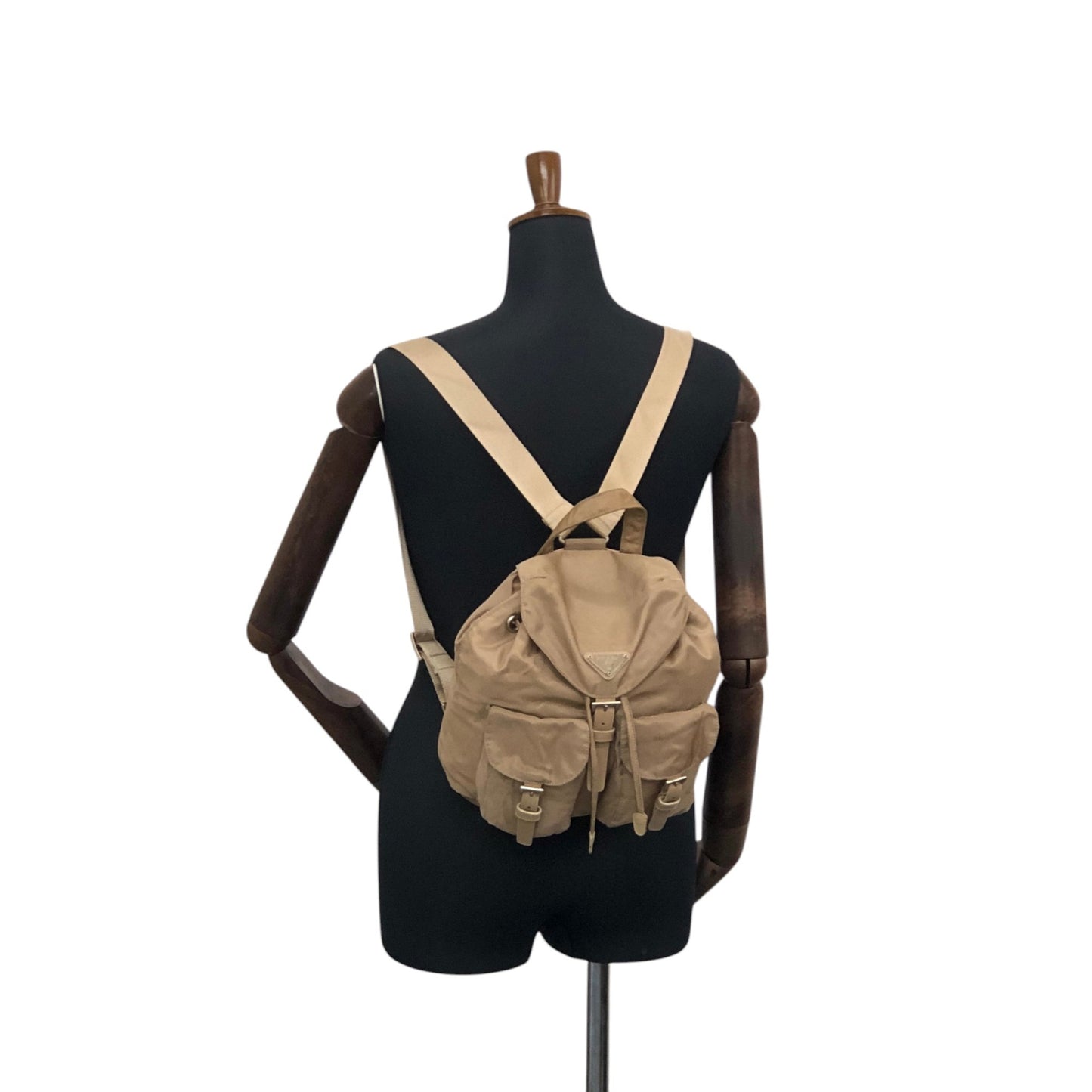 PRADA Tessuto Triangle Logo Double Pocket Backpack Beige Vintage nhc32x