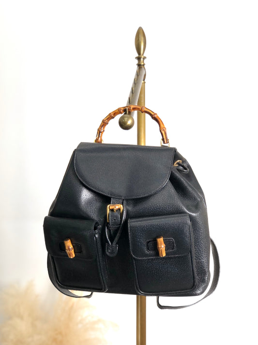 GUCCI Bamboo Front Buckle Backpack Black Vintage i34ihz