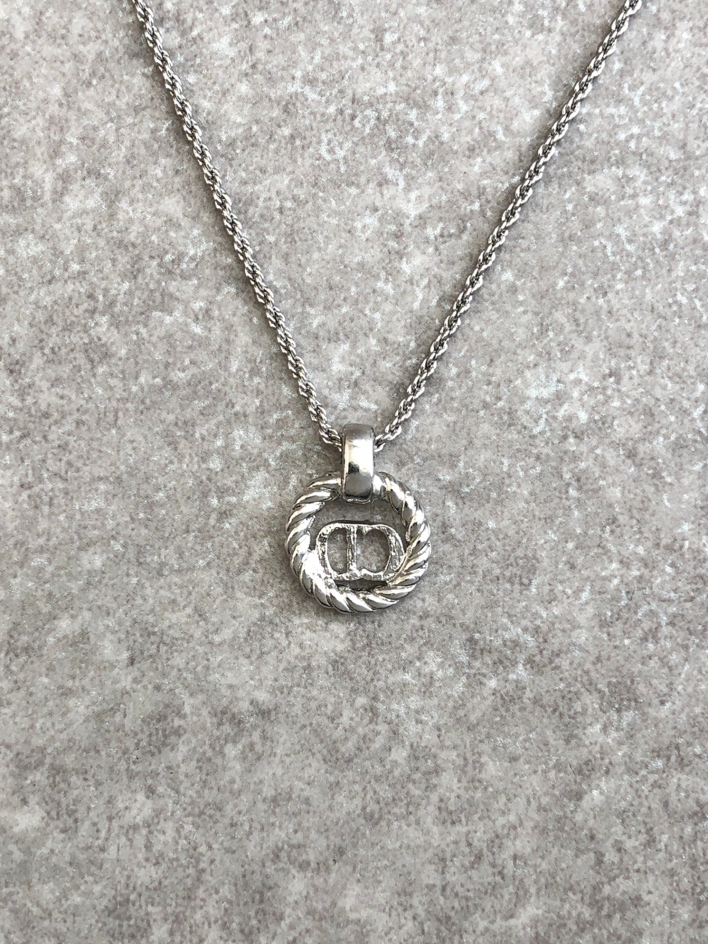 Christian Dior CD Logo Necklace Silver Vintage pshihx