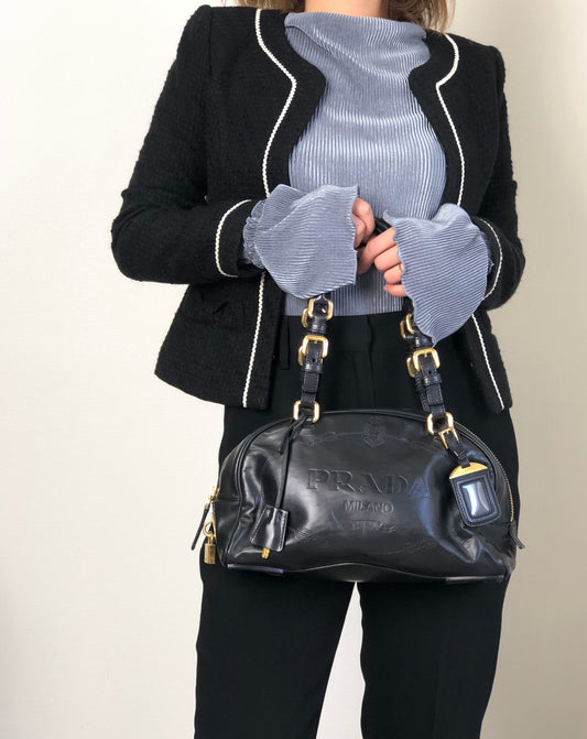 PRADA Logo Embossed Handbag Boston bag Black Vintage nvtnhw