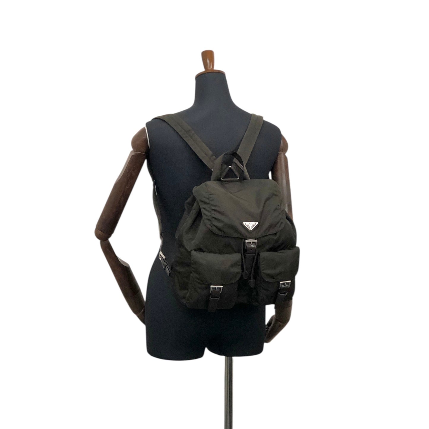 PRADA Tessuto Triangle Logo Double Pocket Backpack Khaki Vintage kyhxt3