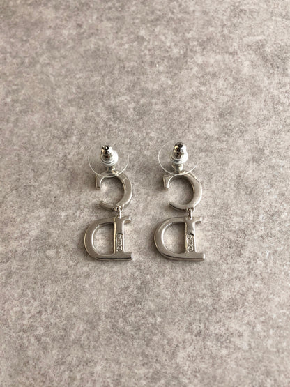Christian Dior CD Logo Rhinestone Pierced Silver×Black Vintage 3yzthp