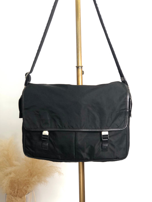 PRADA Tessuto Triangle Logo Front Buckle Shoulder bag Black Vintage n6kgte