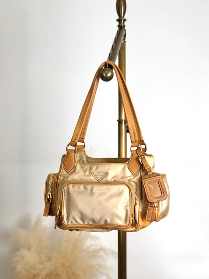 PRADA Tessuto Triangle Logo Side Pocket Handbag Beige Vintage a35ftn