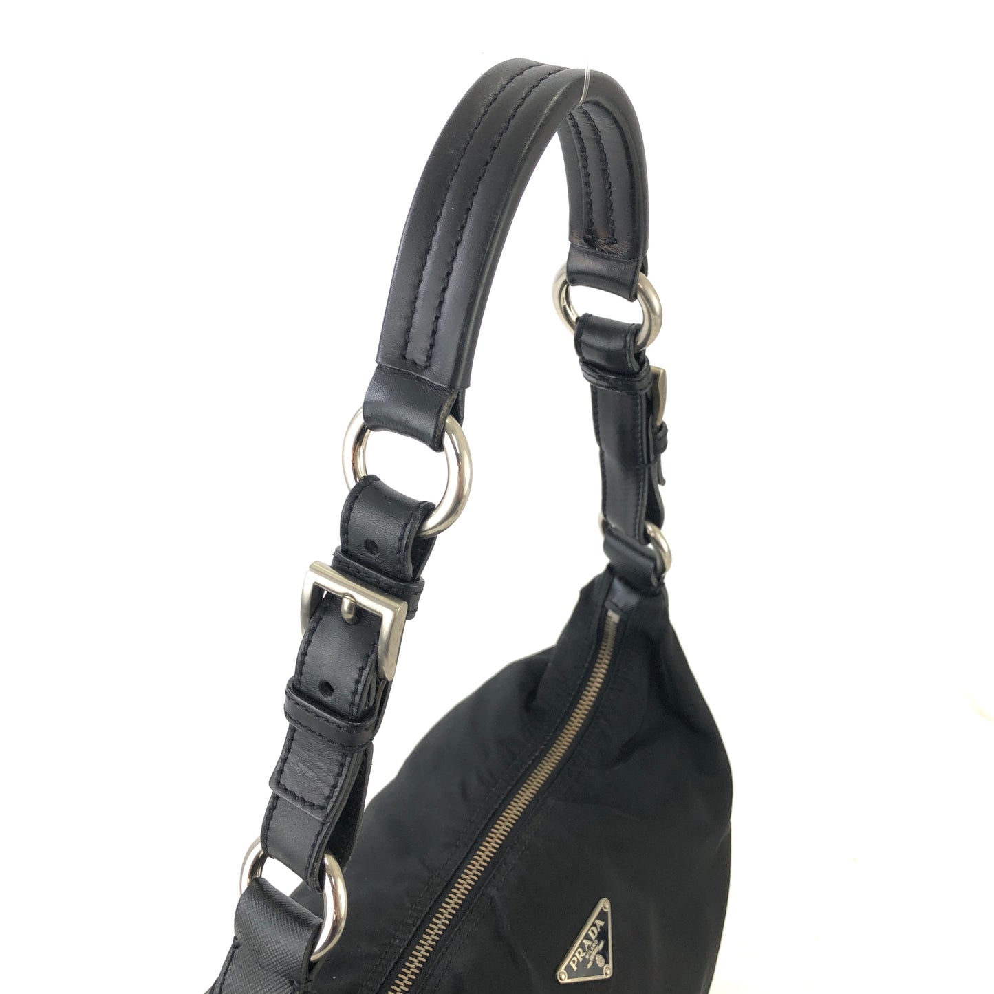 PRADA Triangle Logo  Nylon Leather Shoulder bag Hobobag Black Vintage zx7az8