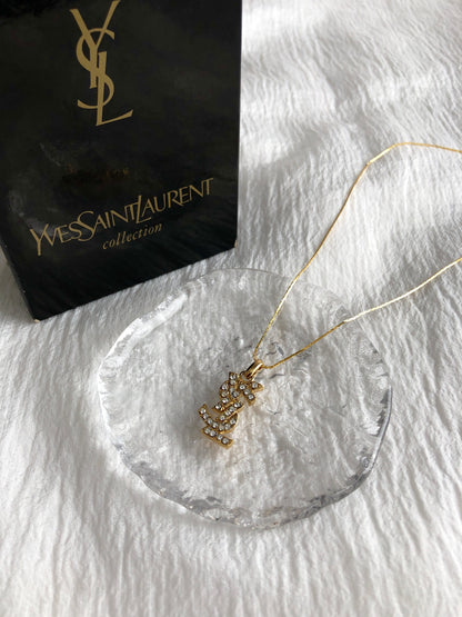 Yves Saint Laurent YSL Logo Rhinestone Necklace Gold Vintage mgyvm5