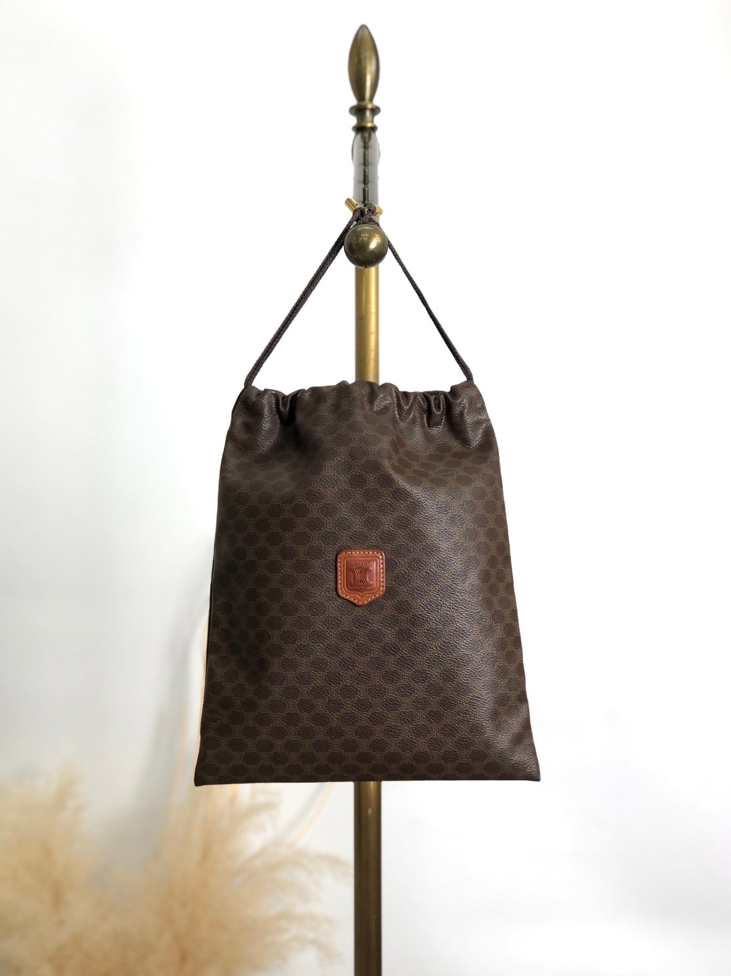 CELINE Macadam Blason Drawstring Small Handbag Pouch Brown Vintage 6ve7d6