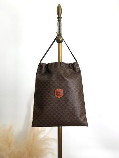 CELINE Macadam Blason Drawstring Small Handbag Pouch Brown Vintage 6ve7d6