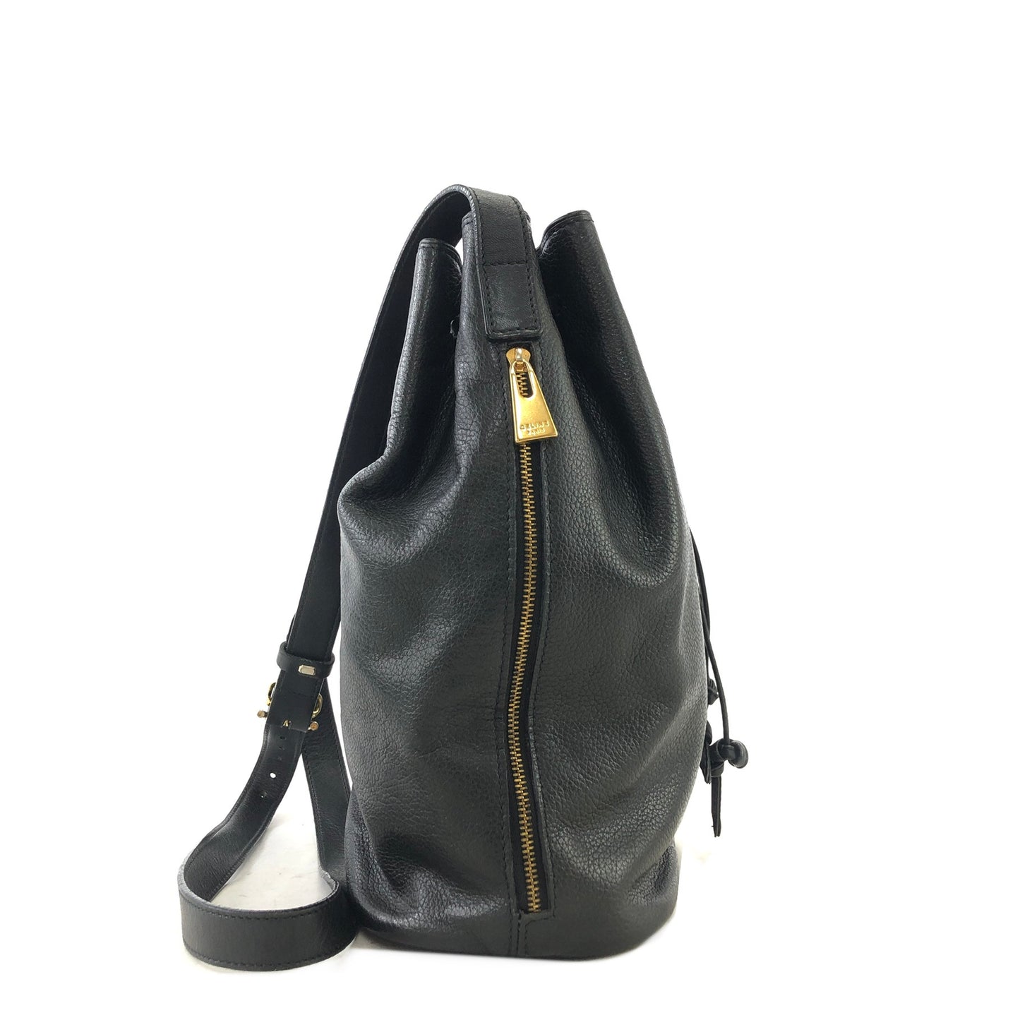 CELINE Toggle clasp Leather Drawstring Shoulder bag Black Vintage gzwn5b