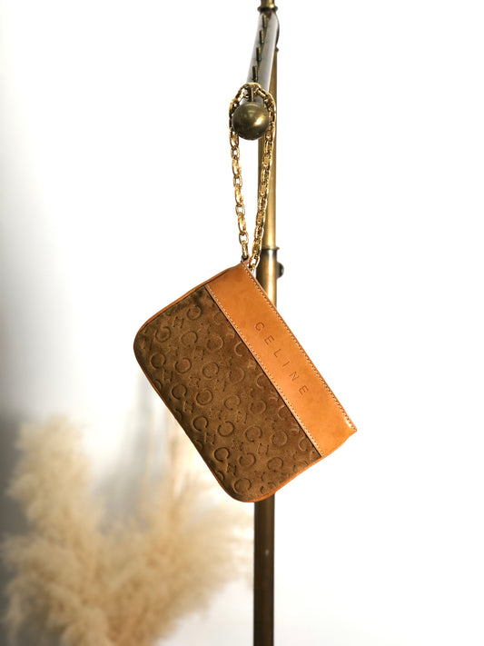 CELINE Macadam Small Chain Handbag Pouch Brown Vintage idbiuu