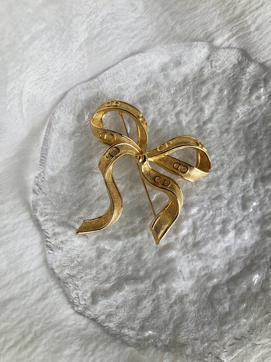 Christian Dior Ribbon Motif Brooch Gold Vintage bw5eu5