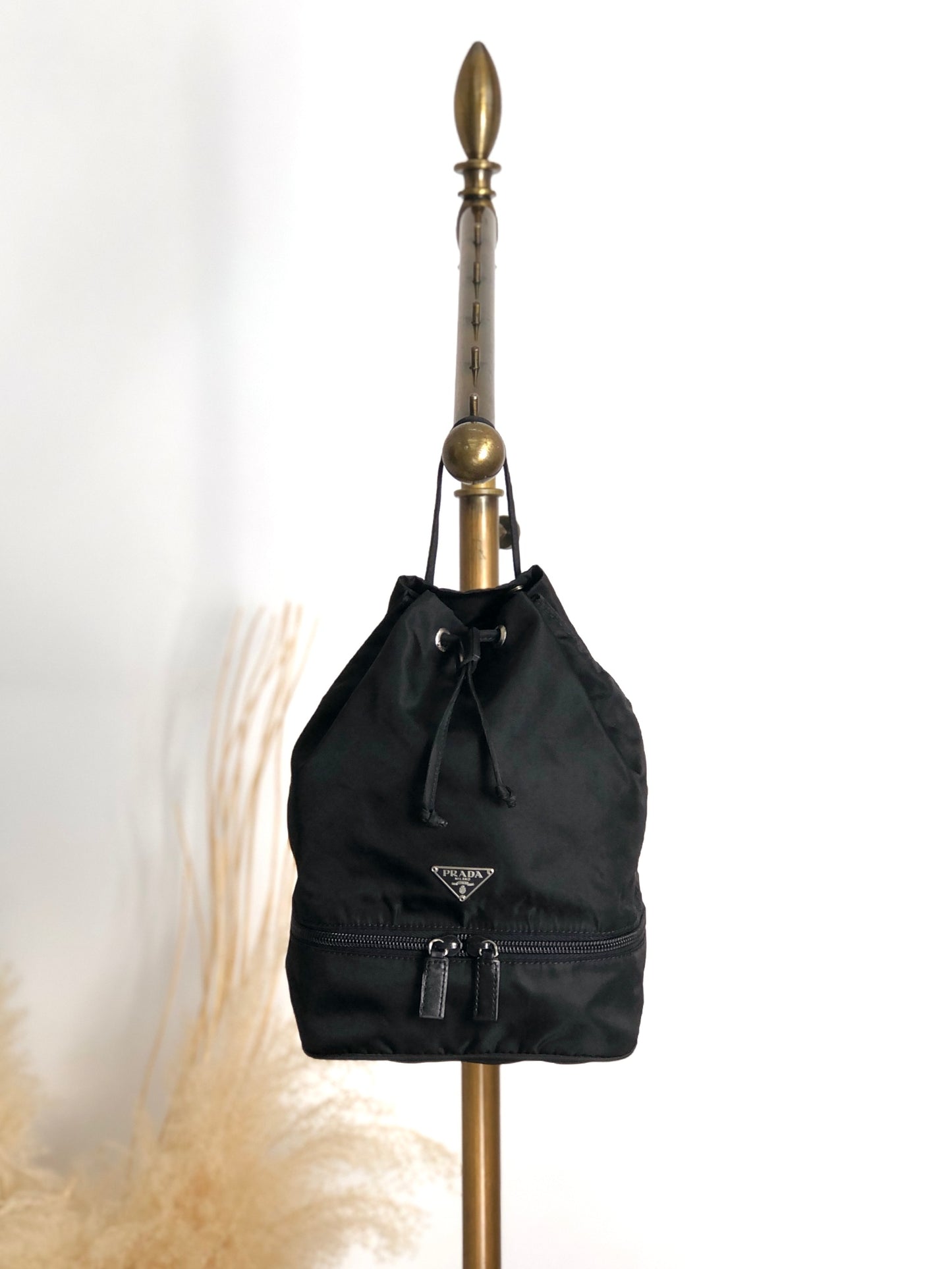 PRADA Tessuto Triangle Logo Drawstring Small Handbag Black Vintage bebvsv