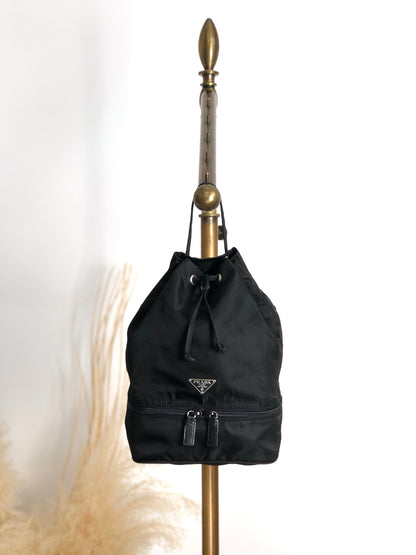 PRADA Tessuto Triangle Logo Drawstring Small Handbag Black Vintage bebvsv