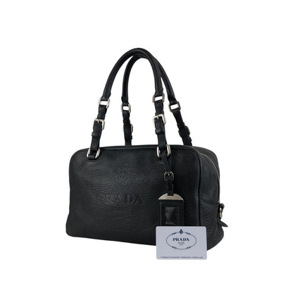 PRADA Logo Embossed Small Boston bag Handbag Black Vintage ydeszs
