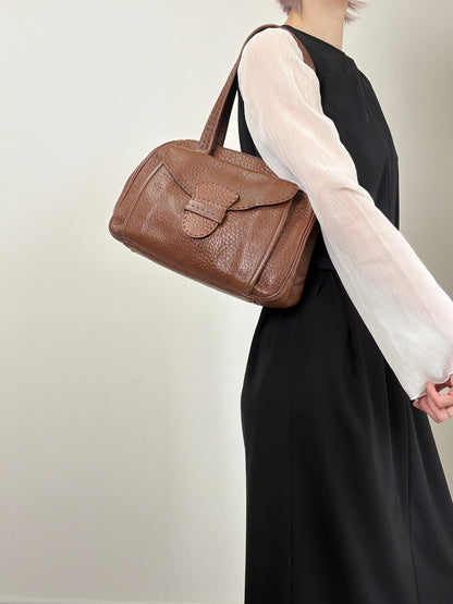 PRADA Triangle Logo Front Buckle Handbag Boston bag Brown Vintage v46bhc