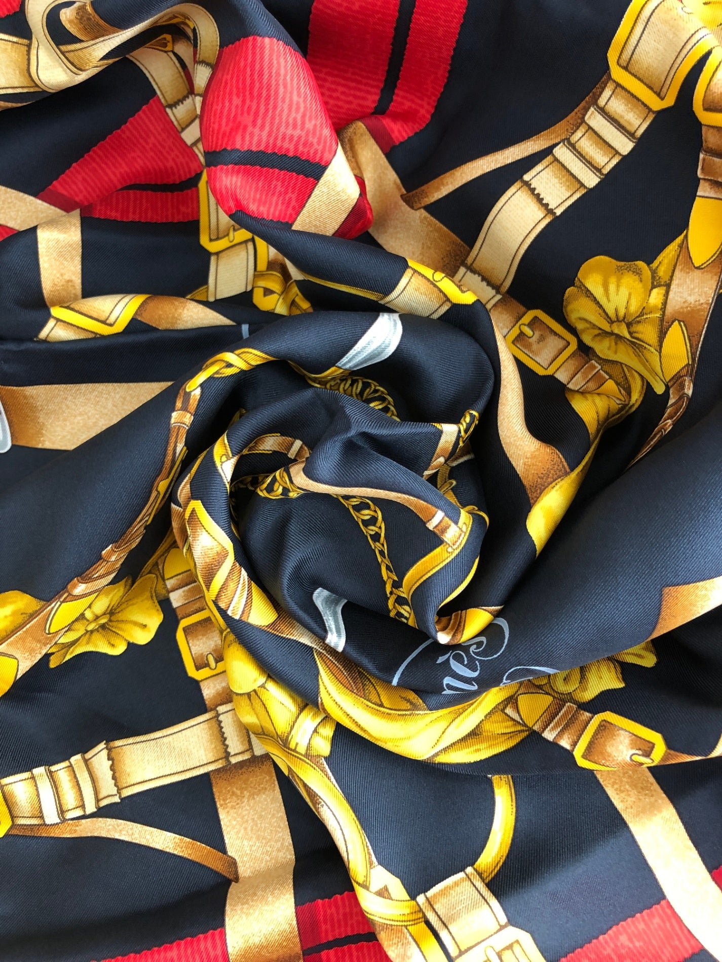 HERMES SILK Scarf Black×Gold grand manege Vintage bz5cun