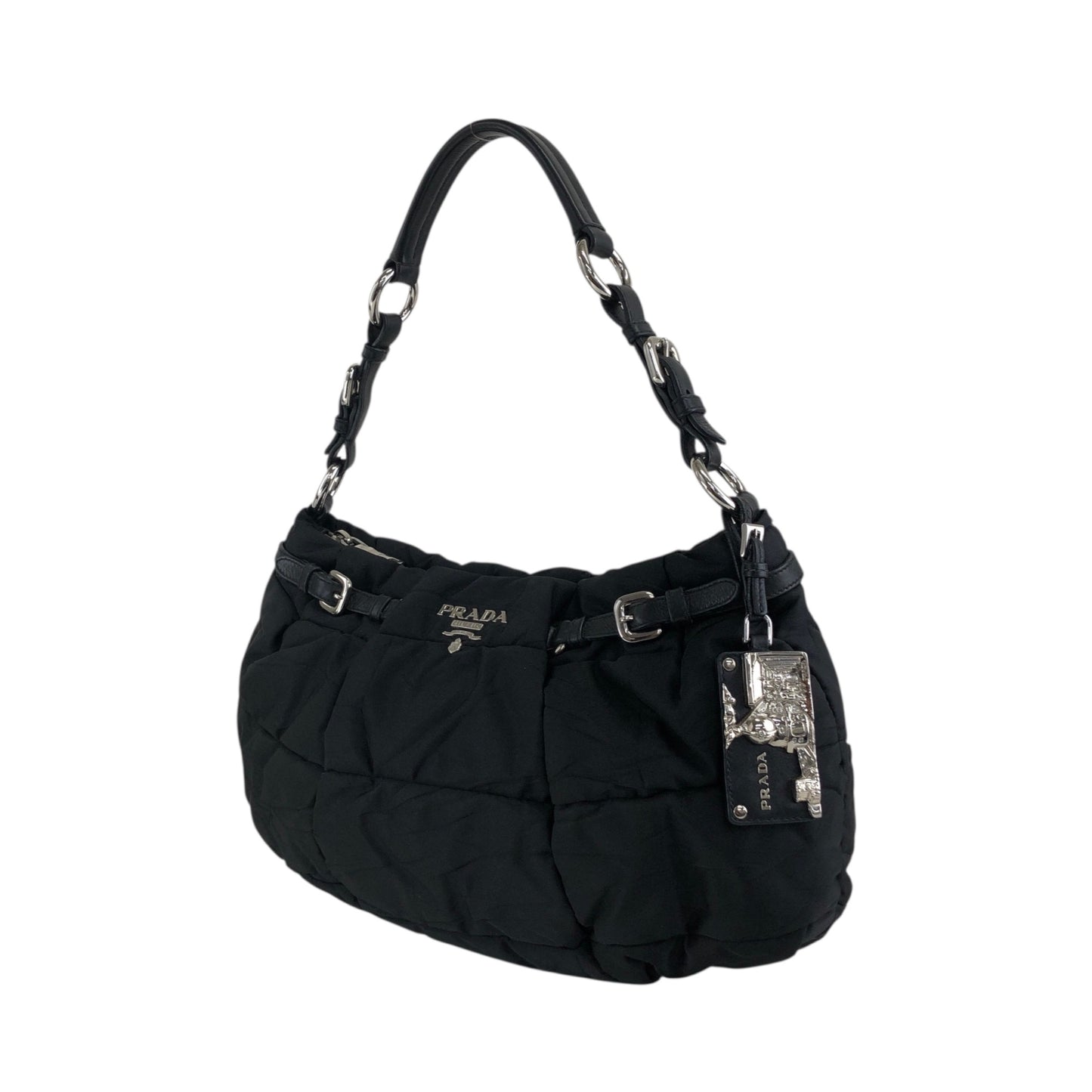 PRADA Logo Shoulder bag Hobobag Black Vintage kut77d