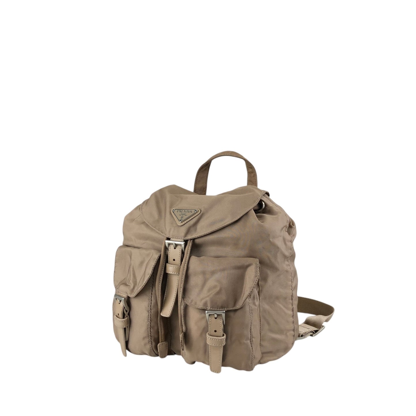 PRADA Tessuto Triangle Logo Double Pocket Backpack Beige Vintage nhc32x