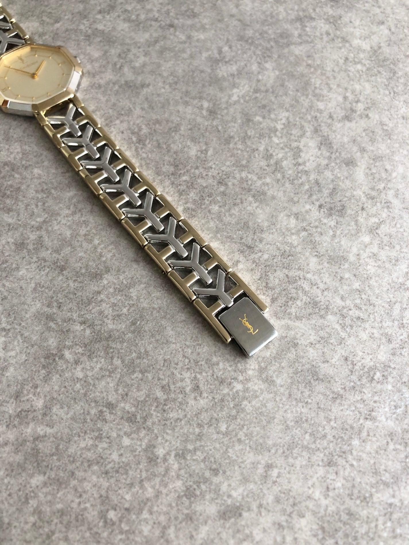 Yves Saint Laurent YSL Logo Octagon Quartz Watch Silver×Gold 4620