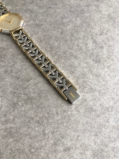 Yves Saint Laurent YSL Logo Octagon Quartz Watch Silver×Gold 4620-E62143 Vintage 4kdjvm