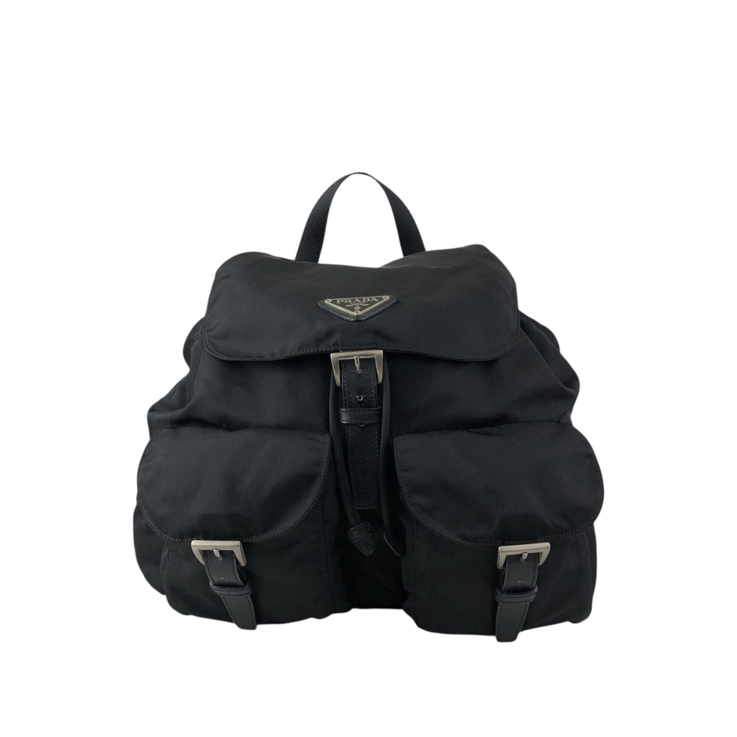 PRADA Tessuto Triangle Logo Front Buckle Backpack Black Vintage ku8tbi