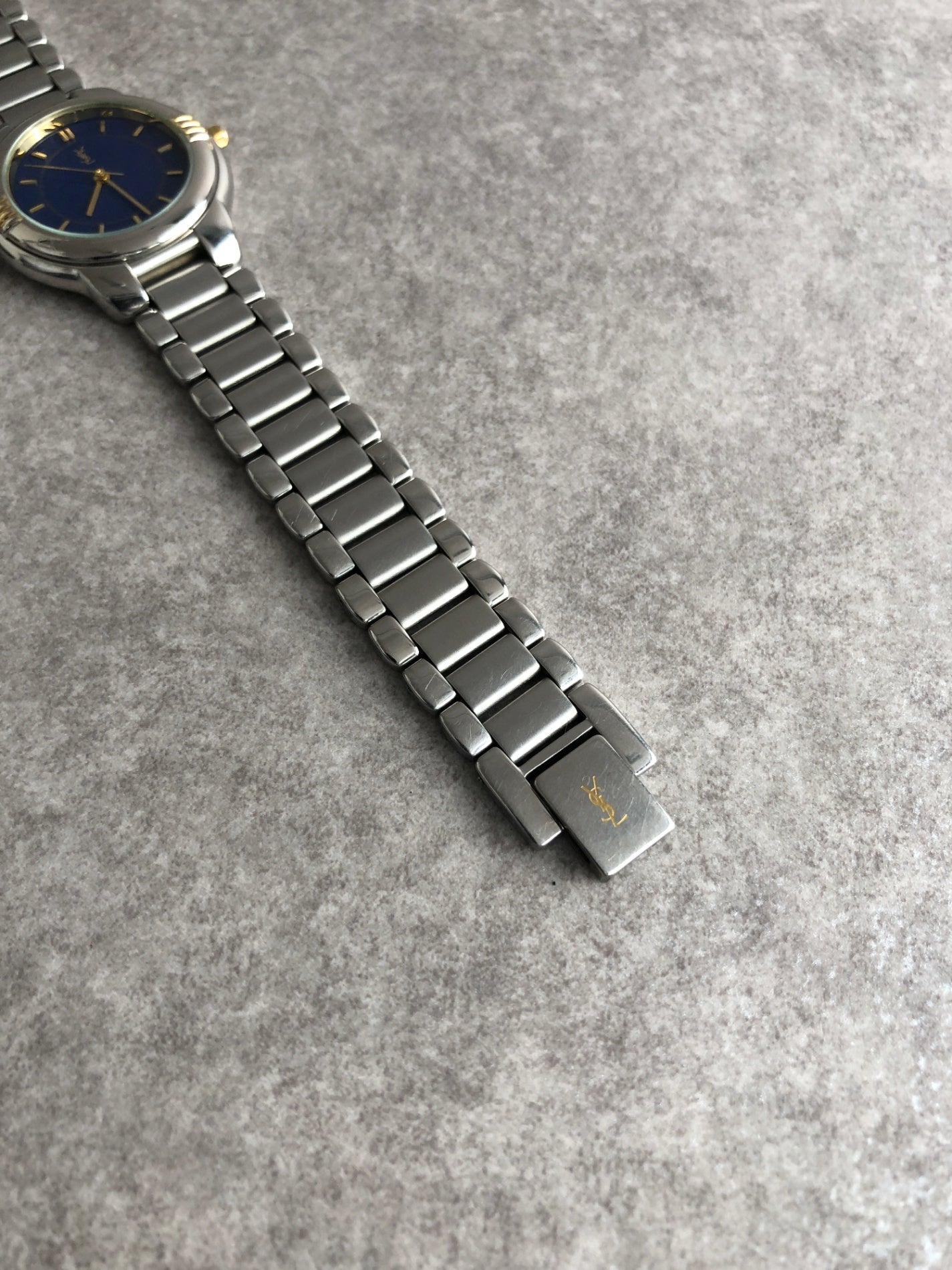 Yves Saint Laurent YSL Logo Quartz Watch Silver×Blue 6031-G11246 Vintage rcren6