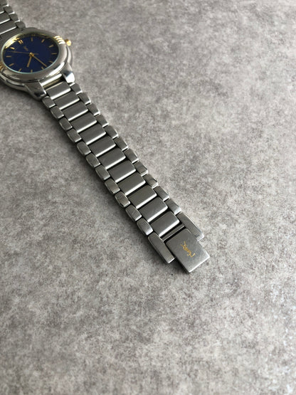 Yves Saint Laurent YSL Logo Quartz Watch Silver×Blue 6031-G11246 Vintage rcren6