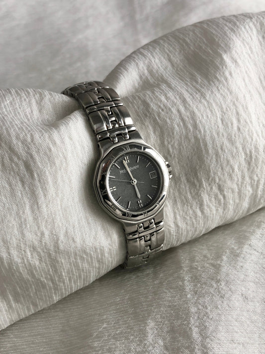 Yves Saint Laurent Logo Quartz Watch Silver×Black 9616-H18636 Vintage gzdk85