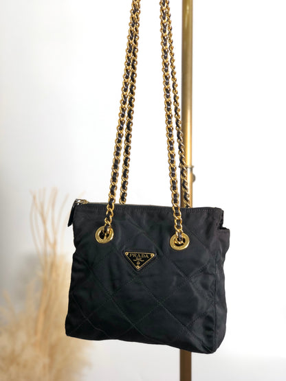 PRADA Triangle Logo Chain Shoulder bag Black Vintage bzay2y