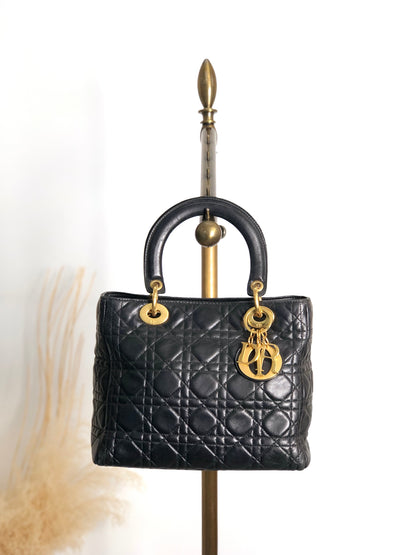 Christian Dior Lady Dior Cannage Charm Handbag Black Vintage 5udh48