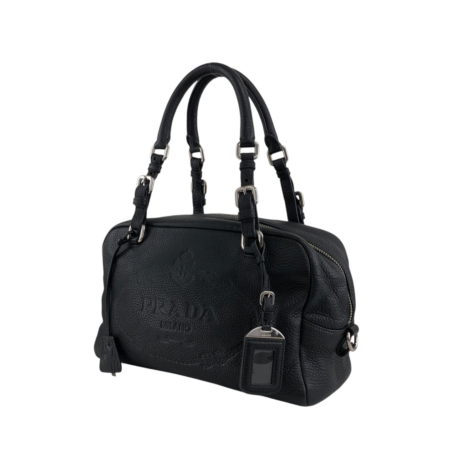 PRADA Logo Embossed Small Boston bag Handbag Black Vintage maefbu