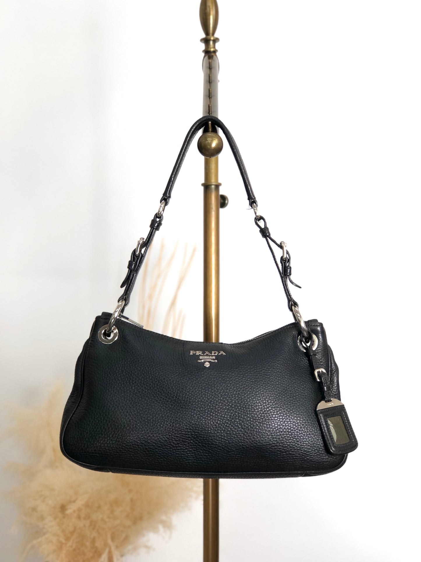 PRADA Logo Shoulder bag Hobobag Black Vintage 3hyfab