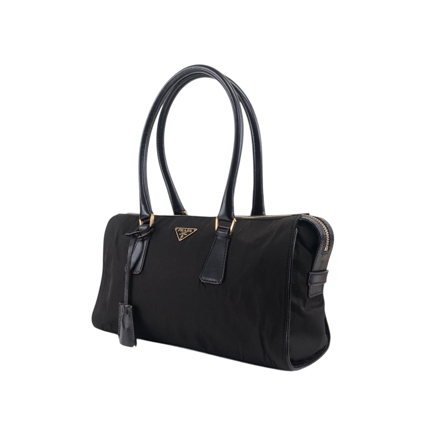 PRADA Tessuto Triangle Logo Small Boston bag Handbag Brown Vintage jaa3i4