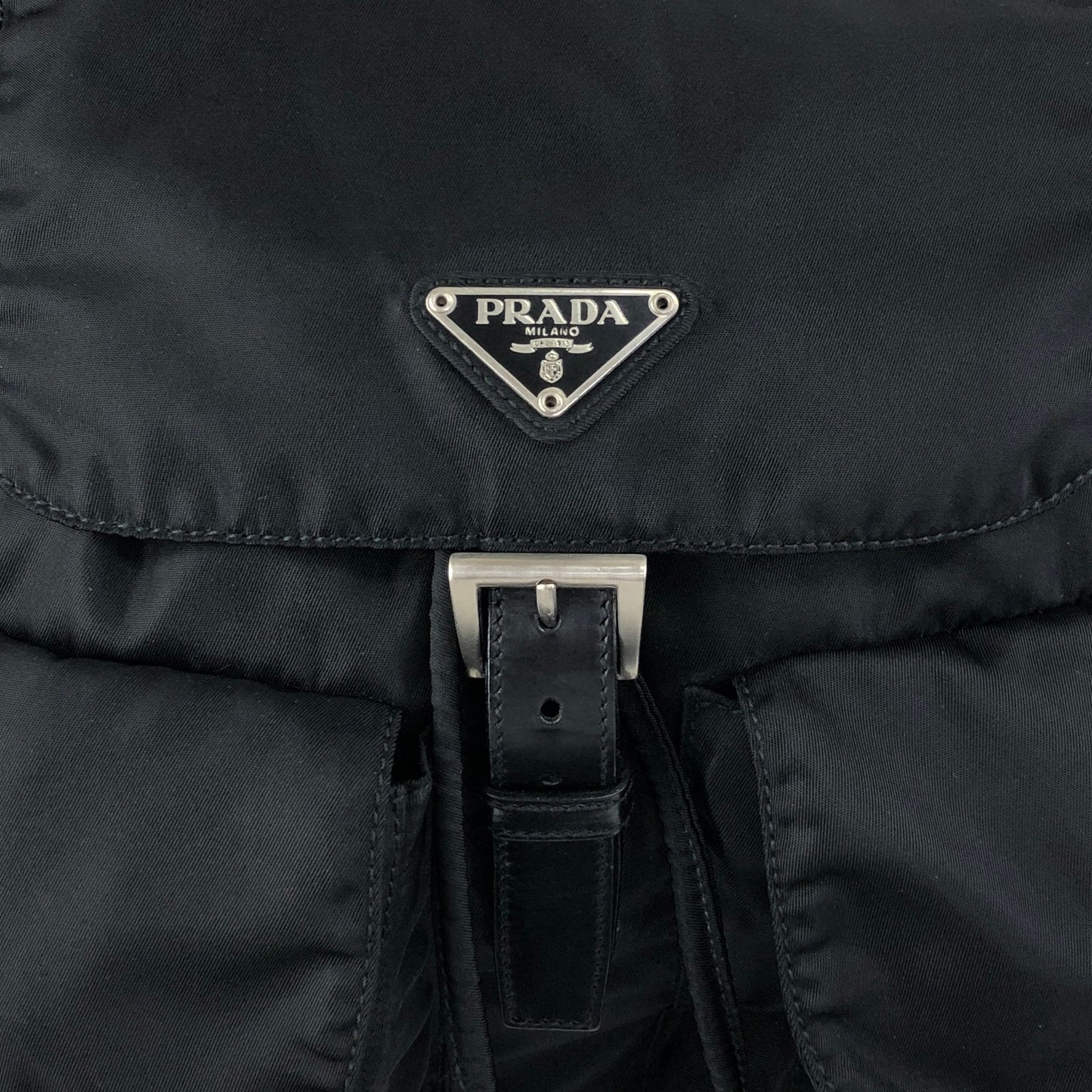 PRADA Tessuto Triangle Logo Front Buckle Double Pocket Backpack Black Vintage mkvbvj