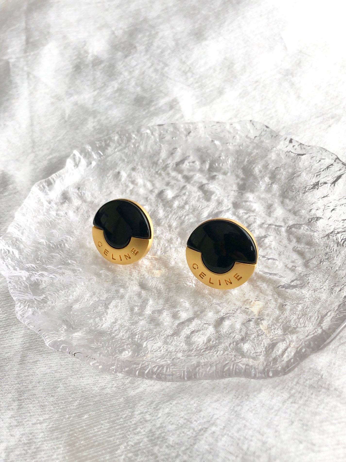 CELINE Logo Earrings Gold×Black Vintage rejgud