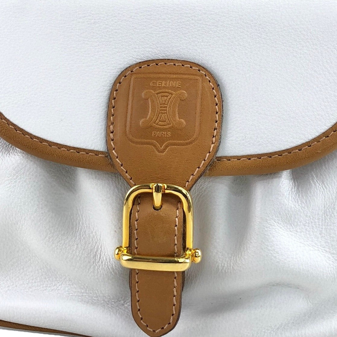 CELINE Blason Front Buckle Shoulder bag White Vintage hzne27