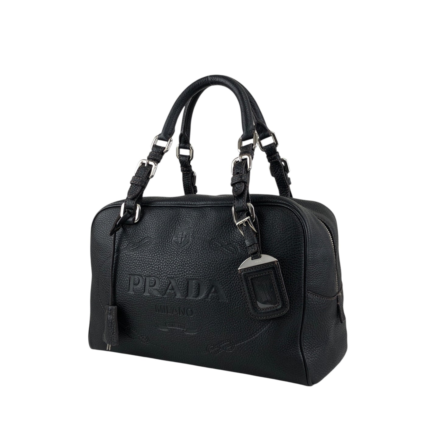 PRADA Logo Embossed Small Boston bag Handbag Black Vintage f8pbsn