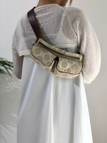CELINE Paris Macadam 帆布皮革肩背包斜背包米色復古 xc3b36 