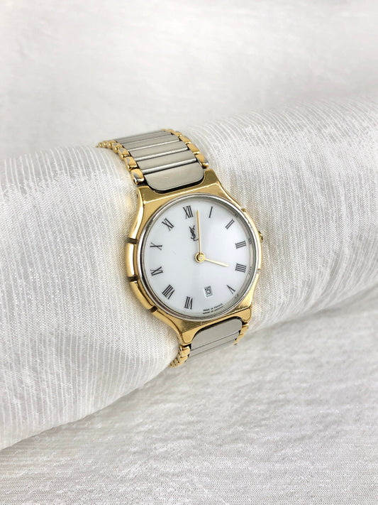 Yves Saint Laurent YSL Logo Quartz Watch Silver×Gold 291842 Vintage jav7in