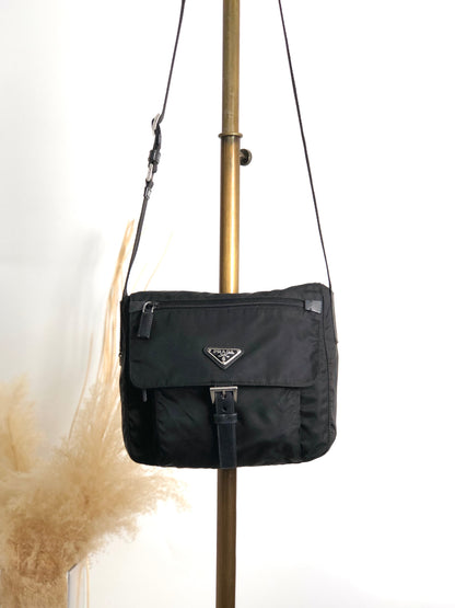 PRADA Tessuto Triangle Logo Front Buckle Shoulder bag Black Vintage fsnzjh