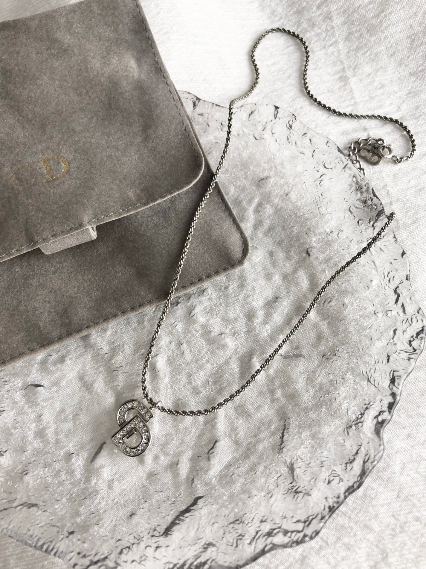 Christian Dior CD Logo Rhinestone Necklace Silver Vintage nidi67