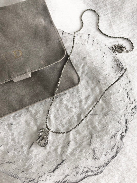 Christian Dior CD Logo Rhinestone Necklace Silver Vintage nidi67