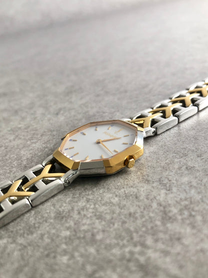 Yves Saint Laurent YSL Logo Quartz Watch Silver×Gold Vintage paum2s